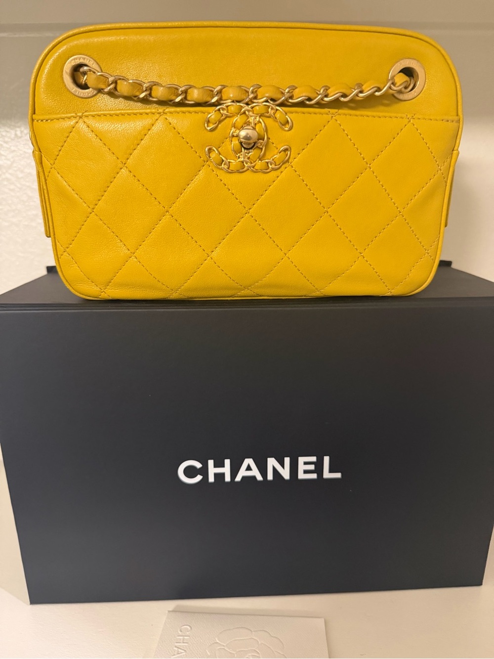 CHANEL Yellow Quilted Goatskin Crossbody Camera Bag with Gold Chain